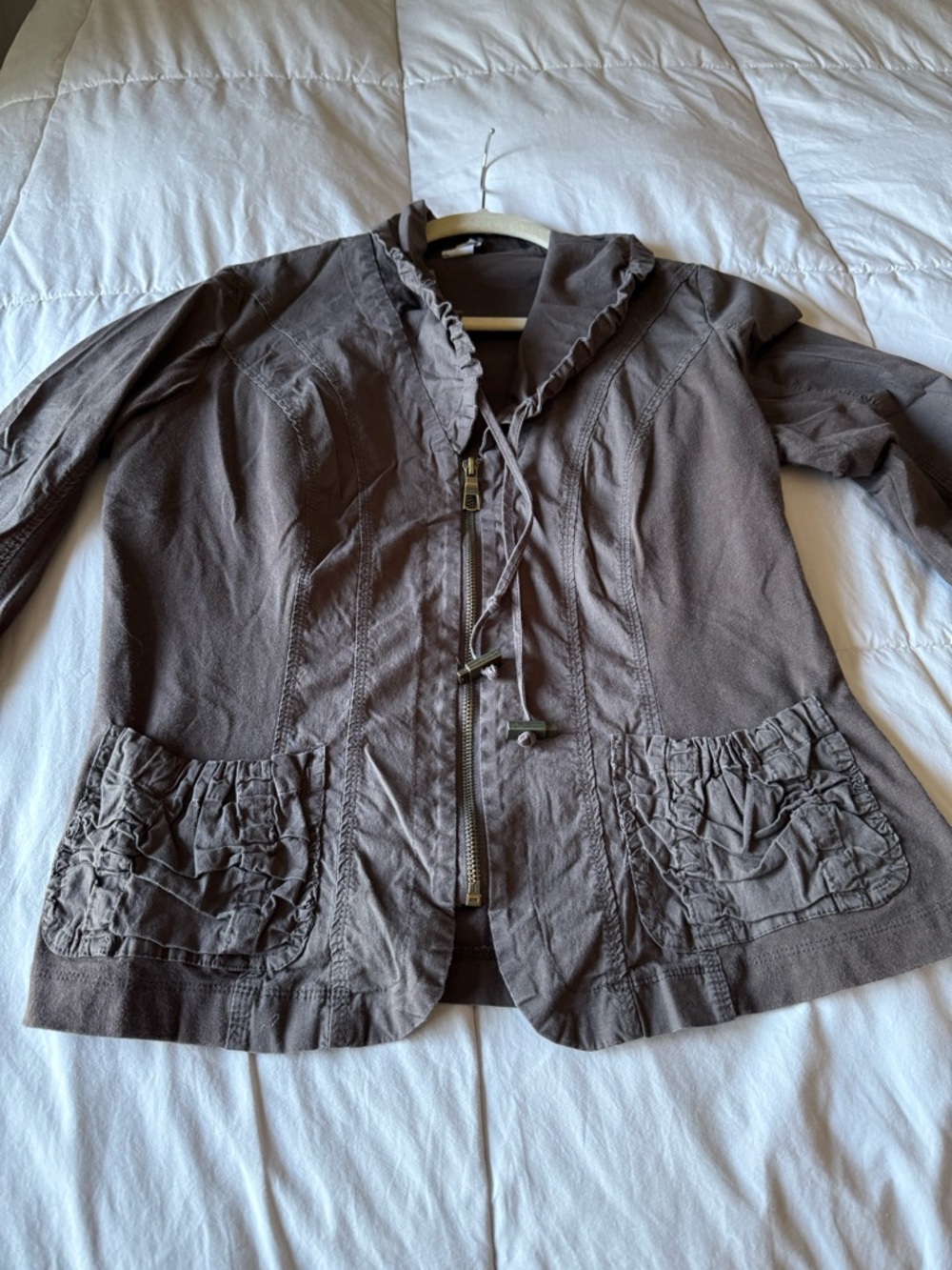 XCVI Brownish grey Ruffle-Trim Zip Utility Jacket